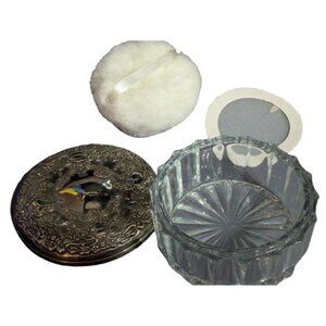 Godinger Vanity Powder Box Silver plated w/Mirror & Puff Heavy Glass Unused NWOT